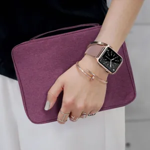 Details of the purple portable watch strap storage bag, showing quality fabric and zipper.