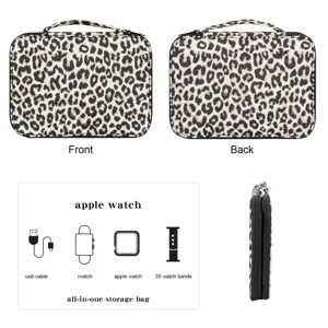 Leopard print watch band storage bag travel organizer for smart watch cables and gear.
