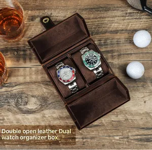 Boîte de rangement pour deux montres en cuir marron, étui de voyage de luxe avec intérieur doux.