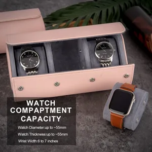 Detailansicht des rosa Leder Reiseuhrenetuis mit mehreren Fächern und Smartwatch.