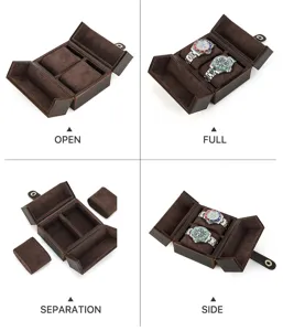 Détails en gros plan de la boîte à montre double en cuir marron avec coussins et aimant.