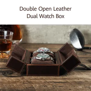 Boîte à montre double en cuir ouverte avec fermeture magnétique sécurisée pour le voyage.
