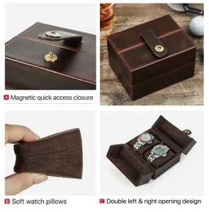 Detail de boite a montre en cuir marron avec fermeture magnetique securisee et coussins doux.