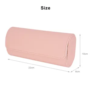 Rosa Leder zylindrische Uhrenaufbewahrungsbox Detailansicht tragbarer Schmuck-Organizer.