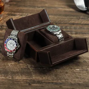 Boîte à montre double en cuir marron véritable avec fermeture magnétique et coussins doux.