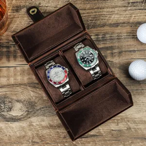 Boite de rangement double pour montres en veritable cuir marron avec coussins doux