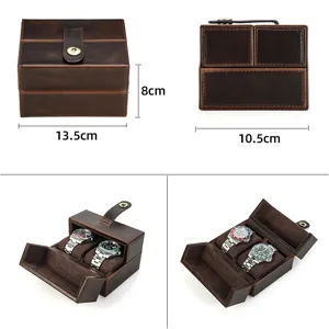 Boîte à montre en cuir marron, étui double fait main avec fermoir aimanté pour voyage.