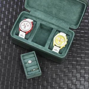 Green velvet multi-slot watch storage box and portable travel jewelry organizer case