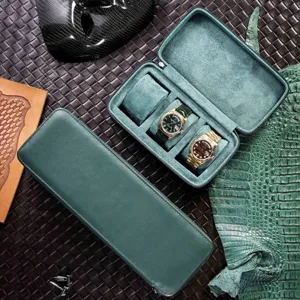 Green leather watch box dual slot portable travel mechanical watch storage case top view