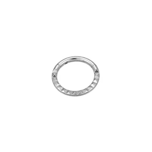 Detail view of titanium piercing ring, clicker hoop with textured studs for ear or nose.