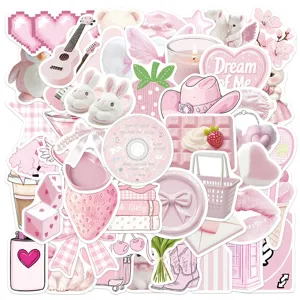 Pack d'autocollants esthétiques rose mignon étanches en vinyle pour gourde coque de téléphone