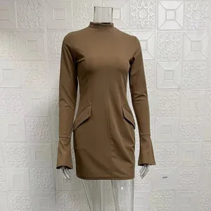 Women's brown long sleeve mock neck bodycon dress slim fit sexy daily party clubwear