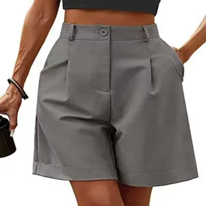 High waist casual grey shorts women summer loose straight wide leg knee length trousers