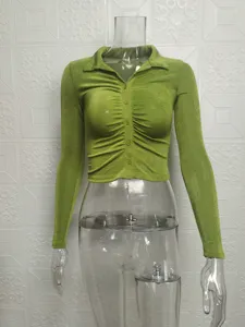 Green long sleeve slim fit button down ribbed crop top shirt apparel detail view