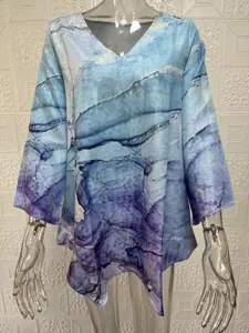 Plus size casual loose irregular print long sleeve V-neck top women summer fashion blouse