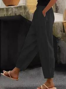 Women casual linen pants solid color elastic waist side pockets loose trousers daily wear