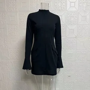 Black long sleeve slim fit mini dress elegant sexy party club wear bodycon dress for women