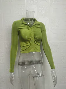 Green ruched long sleeve lapel button down crop top shirt for women detailed view product.