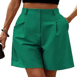 Green high-waisted wide-leg shorts featuring pleated front, pockets, and rolled cuffs.
