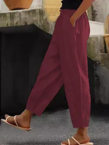 Women casual linen trousers solid color elastic waist side pockets loose trousers for autumn