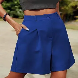 High waist blue pleated casual shorts detail, wide leg loose summer design for women.