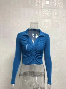Blue long sleeve crop cardigan top with lapel collar and ruched front design for women.
