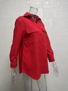 Lässige Damen Langarm Einfarbig Bluse mit Doppeltaschen und einreihigen Knöpfen Mode.