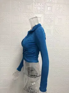 Blue long sleeve crop top detail view, slim fit lapel cardigan shirt for women summer style.