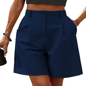 Detailed view of women's high-waisted casual wide-leg shorts in dark blue for summer style.