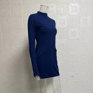 Dark blue long sleeve bodycon mini dress, elegant slim fit casual party clubwear outfit.