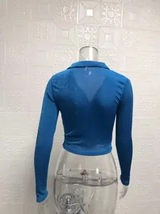 Blue long sleeve crop top shirt for women, stylish slim fit fashion apparel new.