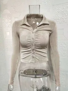 Women's long sleeve lapel collar buttoned ruched slim fit short crop cardigan top