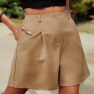 High waisted casual khaki shorts detail shot, loose fit with front pleats and side pockets.