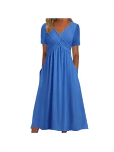 Women summer short sleeve V-neck casual dress with pockets blue solid color casual wear