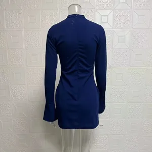 Women's sexy dark blue long sleeve bodycon dress, elegant slim fit back zipper party dress.