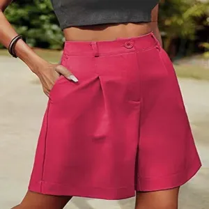 High waist pleated casual shorts detail, wide leg design, bright pink color, summer wear.