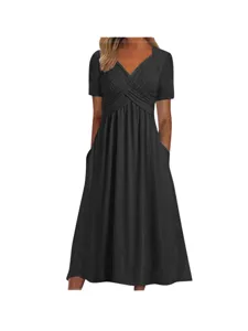 Summer short sleeve V-neck midi dress with pockets casual elegant daily wear main image