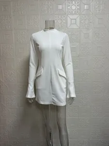 White long sleeve bodycon dress detail view, elegant slim fit mini dress showcase.