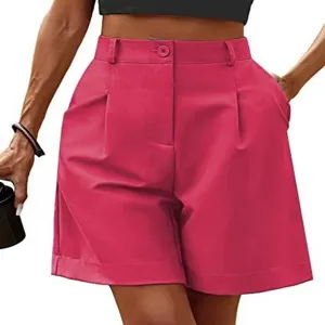 Women's High Waisted Pleated Bermuda Shorts Summer Casual Wide Leg Pockets Magenta