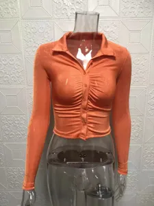 Orange long sleeve ruched slim fit shirt top for women, sexy lapel single breasted cardigan.