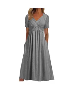 Women short sleeve v-neck midi dress casual summer crossover pleated dress with pockets