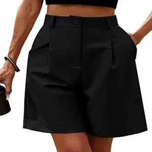 Close-up detail of women's black high-waisted casual shorts with front button and side pockets.
