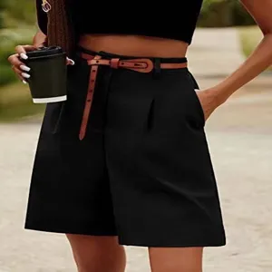 Women summer high waist loose casual straight shorts with belt, breathable wide leg pants.