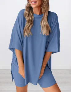 Casual solid color loose short sleeve top and shorts lounge set detail view, comfortable wear.