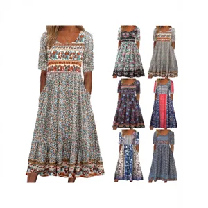 Women Bohemian Floral Print Midi Dress Round Neck Short Sleeve Printed Casual Summer Dress With Pockets Polyester