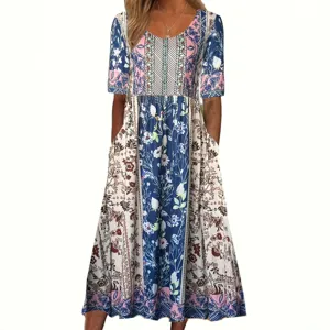 Bohemian floral print midi dress for women, casual short sleeve scoop neck pocket design.