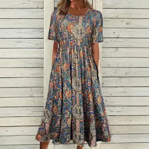 Women crew neck short sleeve bohemian print long dress summer casual maxi dress