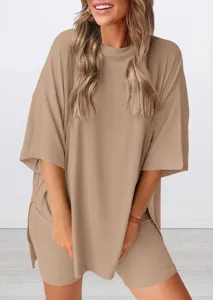 Detail view of the casual solid khaki lounge set with loose short sleeves and comfy shorts.