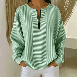 Women green white striped long sleeve top zip collar casual drop shoulder shirt main view outfit