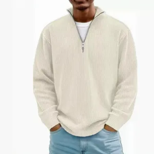 Men casual quarter zip ribbed sweater stand collar long sleeve fashion top autumn wear